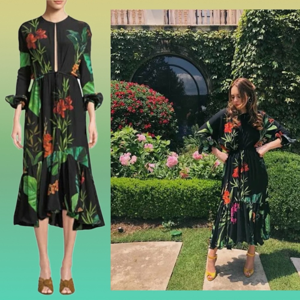 johanna ortiz • namibia long-sleeves keyhole silk midi dress in black 2